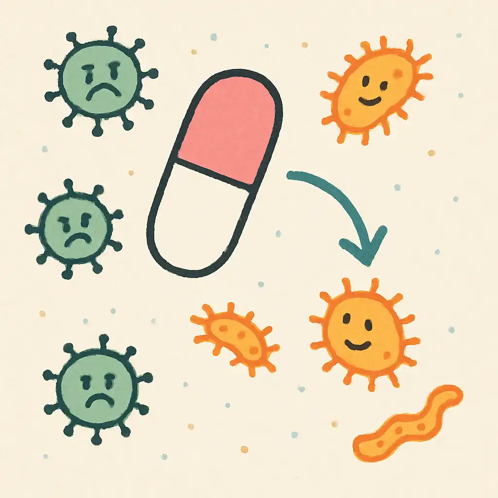 Uma ilustração simples mostrando o medicamento agindo apenas em germes específicos, ignorando outros.