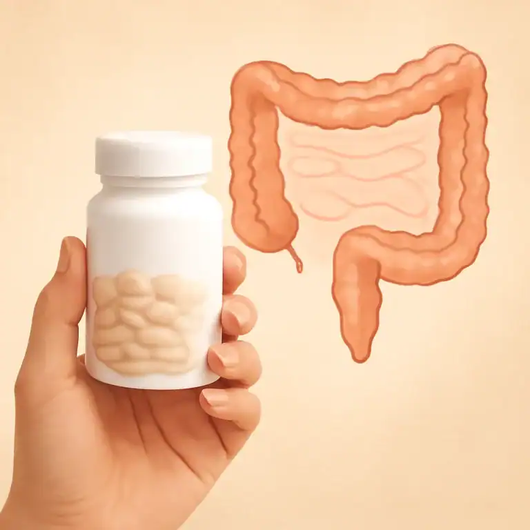 Frasco de amoxicilina e ilustração do intestino, para a dúvida: amoxicilina serve para infecção intestinal