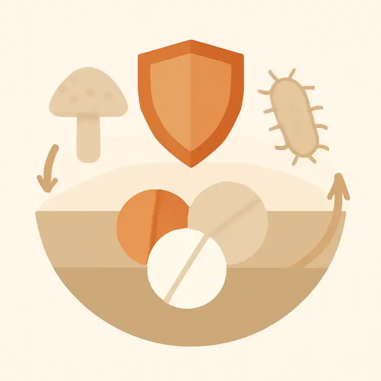 Ilustração conceitual de equilíbrio microbiano com comprimidos e ícones de fungos e bactérias