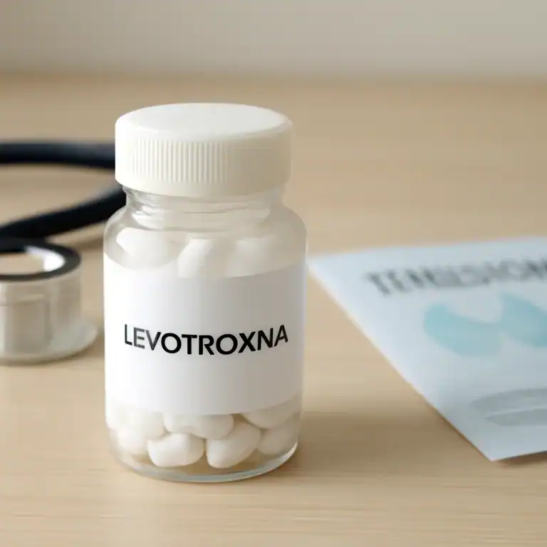 Frasco de comprimidos de levotiroxina com estetoscópio
