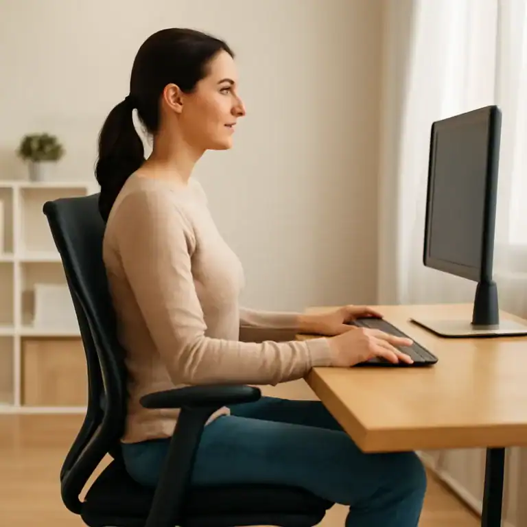 Pessoa sentada com postura correta em cadeira ergonômica mostrando coluna alinhada