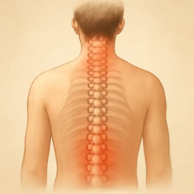 Coluna humana destacando regiões cervical, torácica e lombar para ilustrar tipos de dores nas costas.