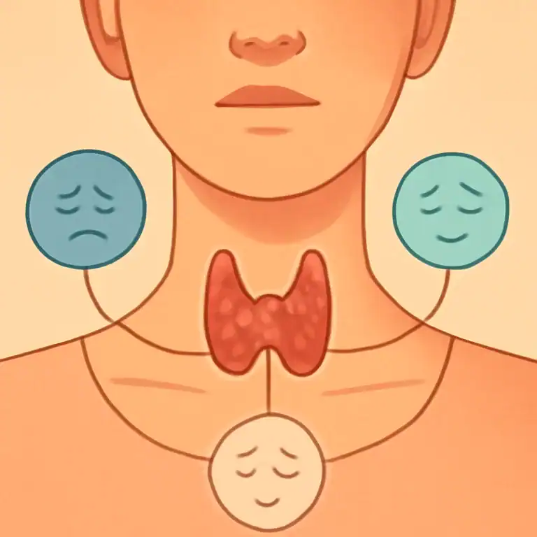 Ilustração da tireoide conectada a ícones de emoções