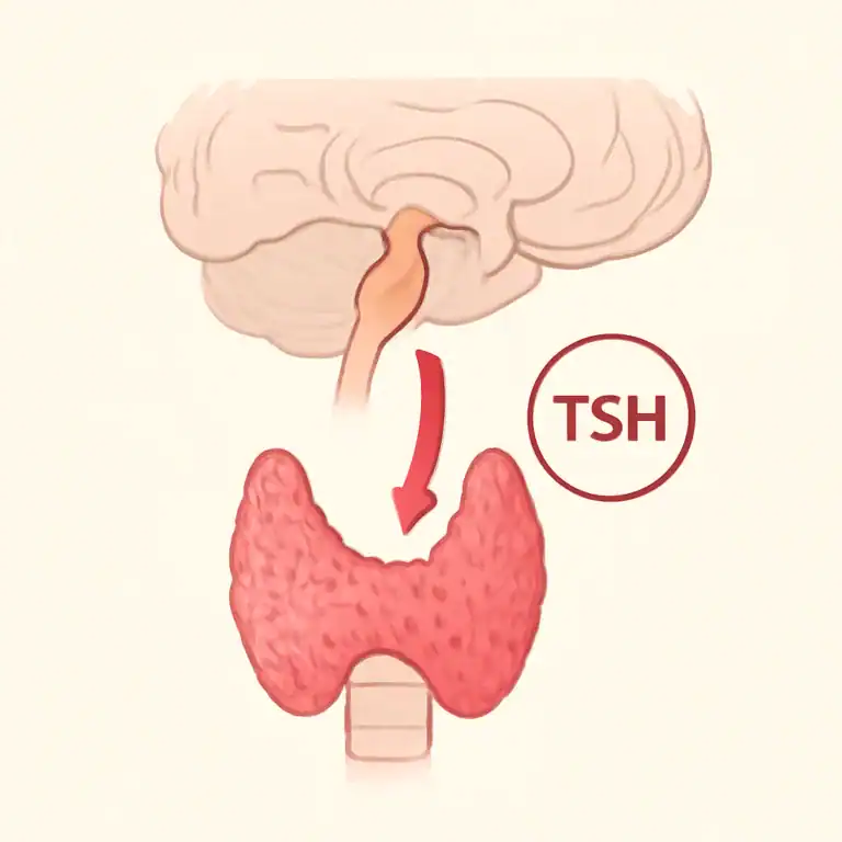 Ilustração do eixo hipotálamo-hipófise-tireoide indicando TSH alto